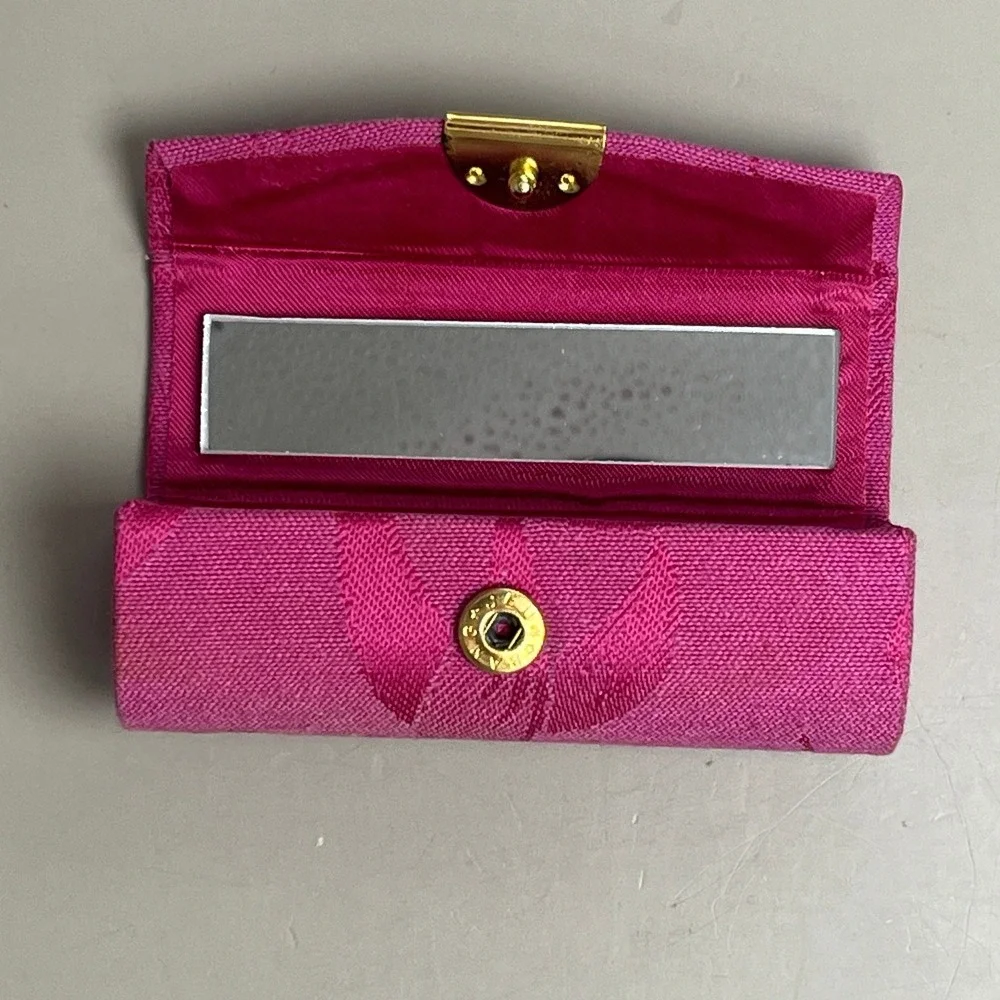 Mary Kay Pink Floral Fabric Lipstick Case Mirror Gold Tone Hardware 3.5